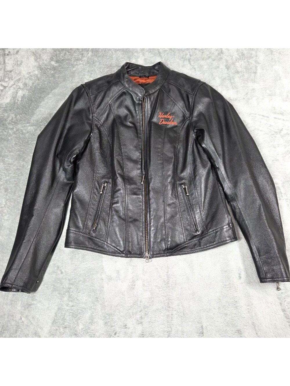 Harley Davidson Jacket Womens Medium Black Leather Motorcyle Biker Wings Logo